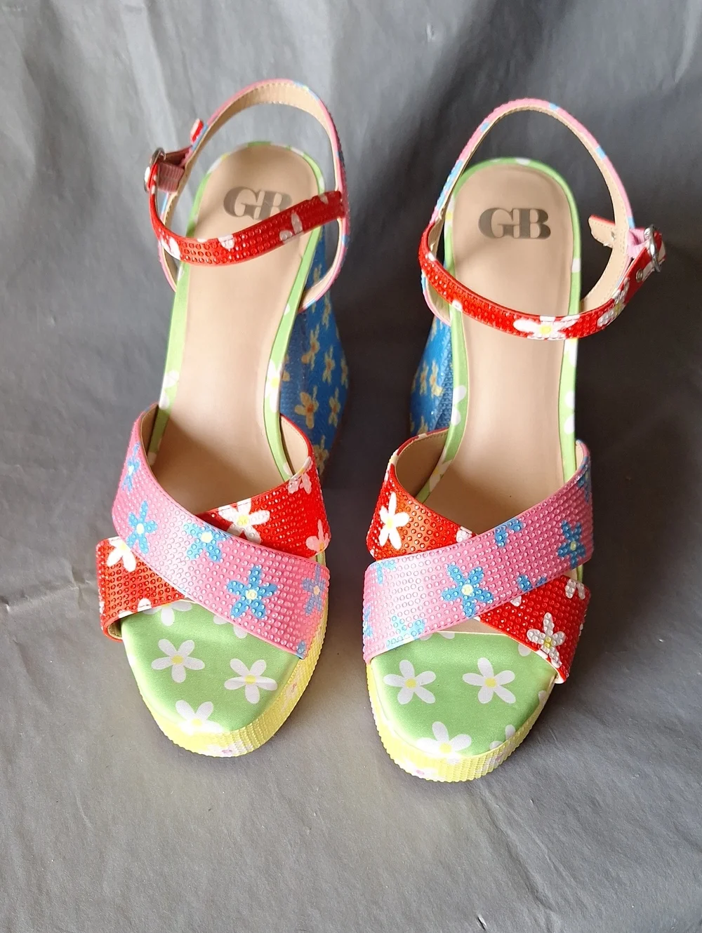 Gianni Bini Pink, Red & Green Floral Platform Wedges Size 10